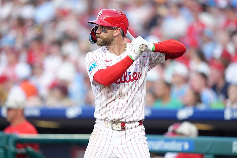 May 17, 2025; Philadelphia, Pennsylvania, USA; Philadelphia Phillies infielder Bryce Harper (3) warms up against the Pittsburgh Pirates in the fourth inning at Citizens Bank Park. Mandatory Credit: Kyle Ross-Imagn Images