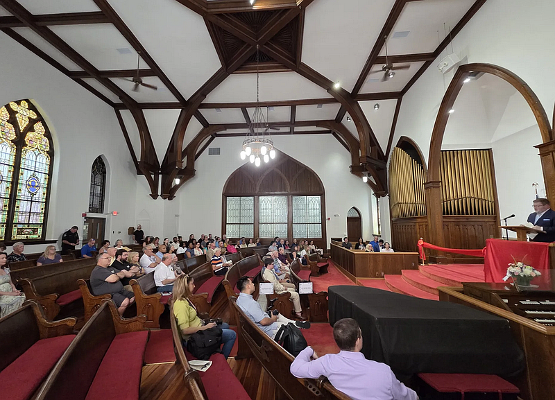 North Wales Mayor Neil McDevitt, at podium, speaks to county and local officials on hand for the grand opening of the North Wales Arts and Cultural Center on Monday, June 30, 2025.