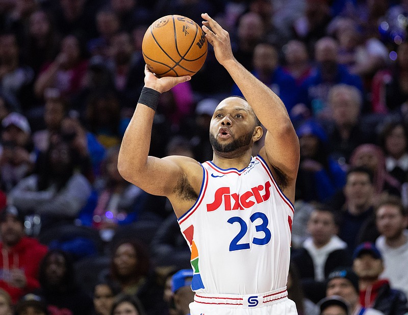 Jan 28, 2025; Philadelphia, Pennsylvania, USA; Philadelphia 76ers guard Eric Gordon (23) shoots against the Los Angeles Lakers during the third quarter at Wells Fargo Center. Mandatory Credit: Bill Streicher-Imagn Images