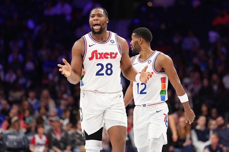 Apr 5, 2025; Philadelphia, Pennsylvania, USA; Philadelphia 76ers forward Guerschon Yabusele (28) reacts against the Minnesota Timberwolves in the third quarter at Wells Fargo Center. Mandatory Credit: Kyle Ross-Imagn Images