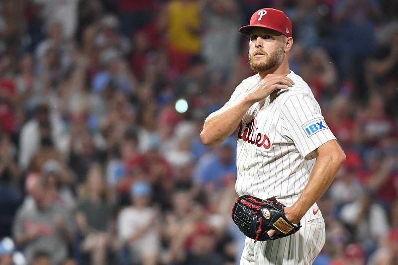 Jun 30, 2025; Philadelphia, Pennsylvania, USA; Philadelphia Phillies pitcher Zack Wheeler (45) walks off the field after pitching the eighth inning against the San Diego Padres at Citizens Bank Park. Mandatory Credit: Eric Hartline-Imagn Images