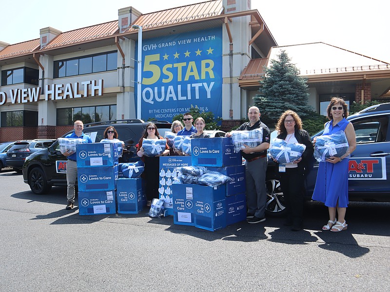 From left to right: Joe Fost, general manager, A&T Chevrolet-Subaru; Vikki Keeler, RN, Cancer Services, Grand View Health; Jenna Hartman, sales administrator, A&T Subaru; Jacki Winderman, BSN, RN, breast care navigator, Grand View Health; Stephen Thuel, internet sales & leasing consultant, A&T Subaru; Megan Haegley, campaign development manager, LLS Eastern PA- Delaware; Phil LaFiura, general manager, A&T Subaru; Kara Febus, BSN, RN, cancer administrator, Grand View Health; and Kim Pugliese, manager of development, Grand View Health Foundation (Credit: A&T Subaru)