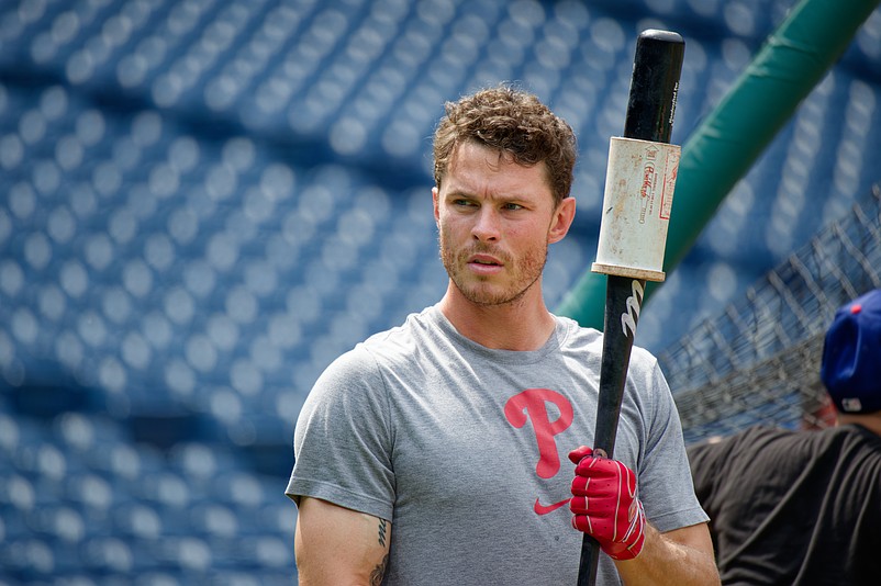 July 1, 2025; Philadelphia, Pennsylvania, USA; Philadelphia Phillies outfielder Max Kepler takes batting practice at Citizens Bank Park. (Credit: Grace Del Pizzo/On Pattison)