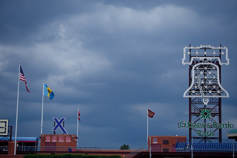 July 1, 2025; Philadelphia, Pennsylvania, USA; Rain clouds loom over Citizens Bank Park. (Credit: Grace Del Pizzo/On Pattison)