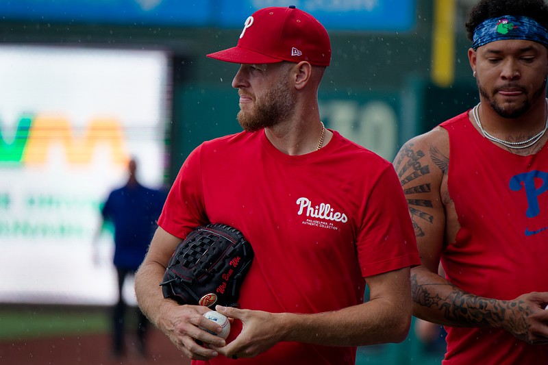 July 1, 2025; Philadelphia, Pennsylvania, USA; Philadelphia Phillies pitcher Zack Wheeler walks in from the outfield at Citizens Bank Park. (Credit: Grace Del Pizzo/On Pattison)
