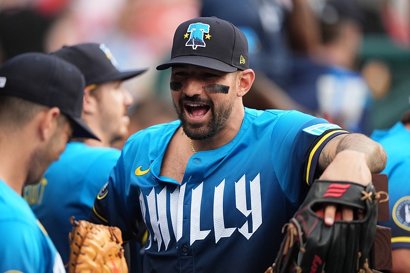 Jun 20, 2025; Philadelphia, Pennsylvania, USA; Philadelphia Phillies outfielder Nick Castellanos (8) reacts before the game against the New York Mets at Citizens Bank Park. Mandatory Credit: Kyle Ross-Imagn Images