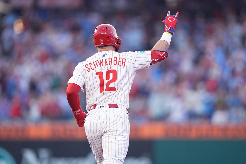 Jun 22, 2025; Philadelphia, Pennsylvania, USA; Philadelphia Phillies designated hitter Kyle Schwarber (12) rounds the bases after hitting a home run against the New York Mets in the fourth inning at Citizens Bank Park. Mandatory Credit: Kyle Ross-Imagn Images