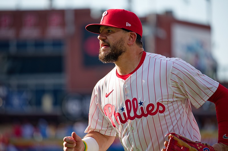 Jul 2, 2025; Philadelphia, Pennsylvania, USA; Philadelphia Phillies outfielder Kyle Schwarber (12) warms up before a game against the San Diego Padres at Citizens Bank Park. (Credit: Grace Del Pizzo-On Pattison)