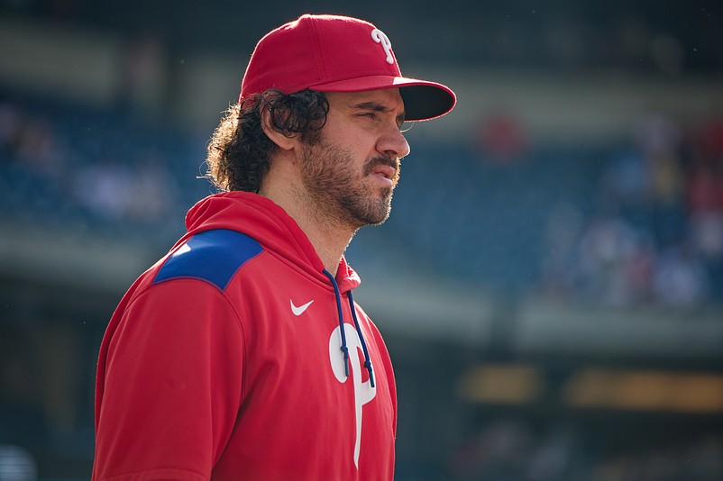 Jul 2, 2025; Philadelphia, Pennsylvania, USA; Philadelphia Phillies pitcher Jordan Romano (68) walks to the bullpen before a game against the San Diego Padres at Citizens Bank Park. (Credit: Grace Del Pizzo-On Pattison)