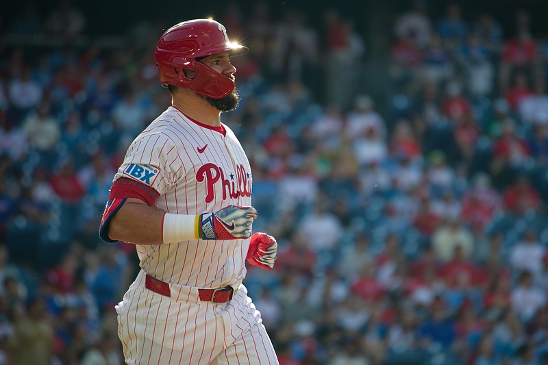 Jul 2, 2025; Philadelphia, Pennsylvania, USA; Philadelphia Phillies outfielder Kyle Schwarber (12) flies out in the first inning against the San Diego Padres at Citizens Bank Park. (Credit: Grace Del Pizzo-On Pattison)