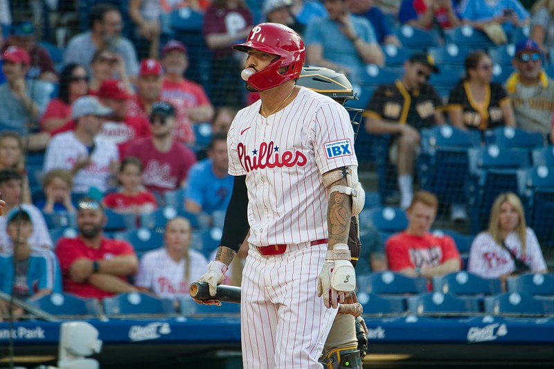 Jul 2, 2025; Philadelphia, Pennsylvania, USA; Philadelphia Phillies outfielder Nick Castellanos (8) reacts after striking out in the second inning against the San Diego Padres at Citizens Bank Park. (Credit: Grace Del Pizzo-On Pattison)