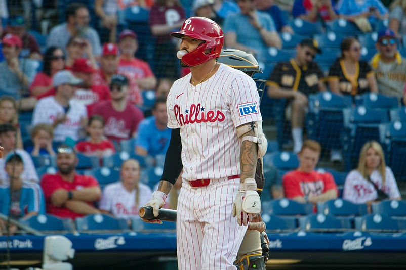 Jul 2, 2025; Philadelphia, Pennsylvania, USA; Philadelphia Phillies outfielder Nick Castellanos (8) reacts after striking out in the second inning against the San Diego Padres at Citizens Bank Park. (Credit: Grace Del Pizzo-On Pattison)