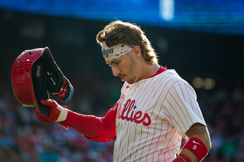 Jul 2, 2025; Philadelphia, Pennsylvania, USA; Philadelphia Phillies second baseman Bryson Stott (5) reacts after popping out in the second inning against the San Diego Padres at Citizens Bank Park. (Credit: Grace Del Pizzo-On Pattison)