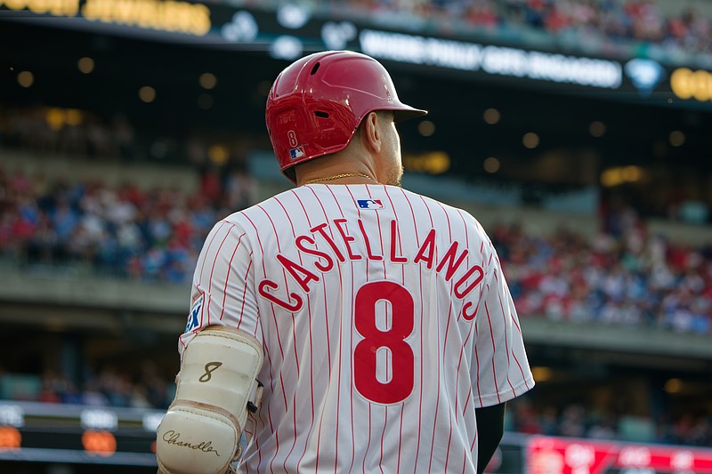 Jul 2, 2025; Philadelphia, Pennsylvania, USA; Philadelphia Phillies outfielder Nick Castellanos (8) returns to the dugout after grounding out in the fourth inning against the San Diego Padres at Citizens Bank Park. (Credit: Grace Del Pizzo-On Pattison)