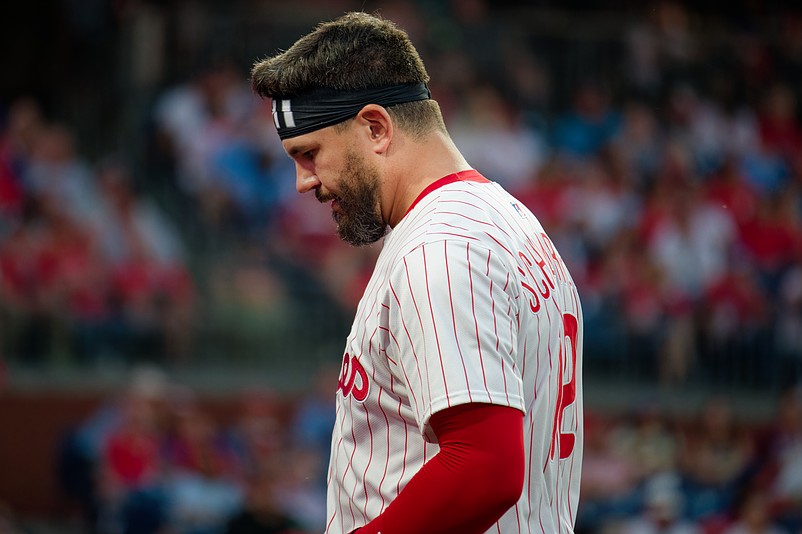 Jul 2, 2025; Philadelphia, Pennsylvania, USA; Philadelphia Phillies outfielder Kyle Schwarber (12) is taken out for a pinch runner and heads to the dugout in the seventh inning against the San Diego Padres at Citizens Bank Park. (Credit: Grace Del Pizzo-On Pattison)