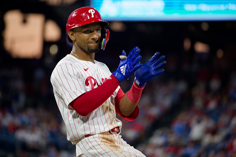Jul 2, 2025; Philadelphia, Pennsylvania, USA; Philadelphia Phillies outfielder Johan Rojas (23) reacts to reaching base safely on a forceout in the eighth inning against the San Diego Padres at Citizens Bank Park. (Credit: Grace Del Pizzo-On Pattison)