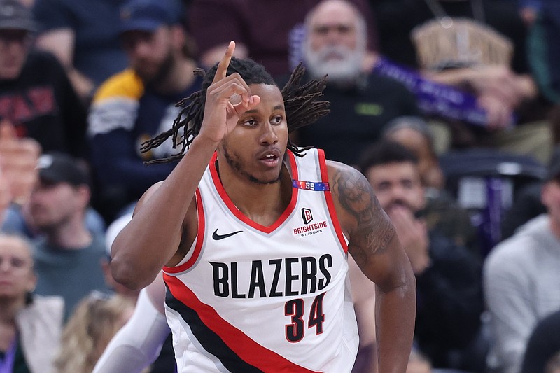 Feb 24, 2025; Salt Lake City, Utah, USA; Portland Trail Blazers forward Jabari Walker (34) reacts to a play against the Utah Jazz during the first half at Delta Center. Mandatory Credit: Rob Gray-Imagn Images