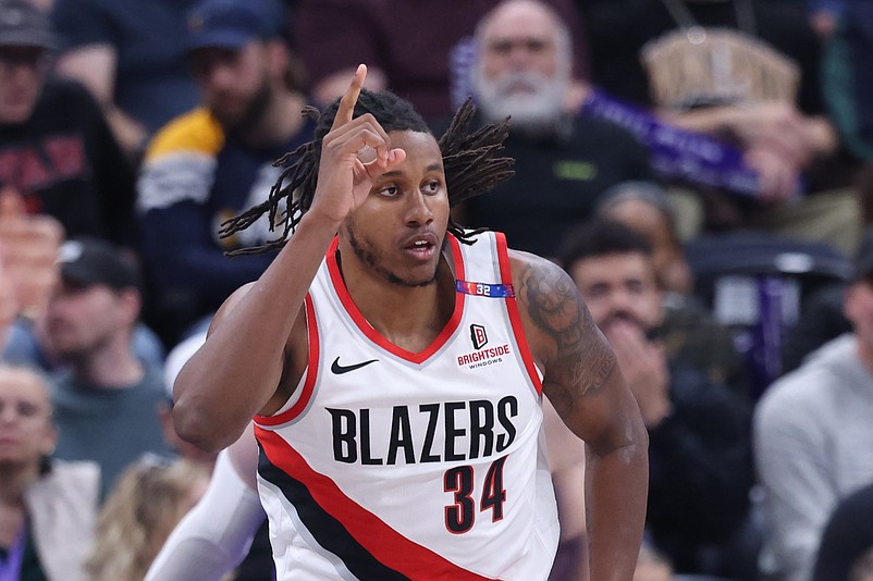 Feb 24, 2025; Salt Lake City, Utah, USA; Portland Trail Blazers forward Jabari Walker (34) reacts to a play against the Utah Jazz during the first half at Delta Center. Mandatory Credit: Rob Gray-Imagn Images