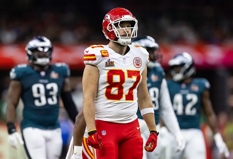 Feb 9, 2025; New Orleans, LA, USA;  Kansas City Chiefs tight end Travis Kelce (87) against the Philadelphia Eagles in Super Bowl LIX at Ceasars Superdome. Mandatory Credit: Mark J. Rebilas-Imagn Images