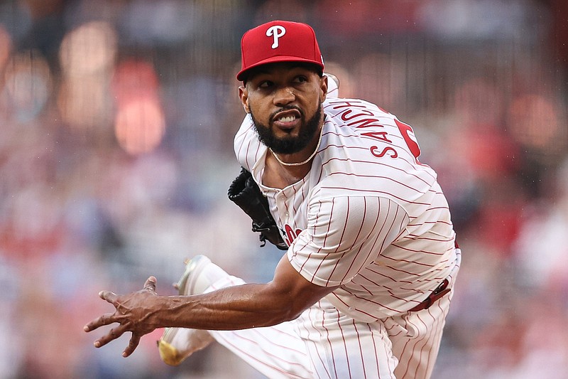 Jul 2, 2025; Philadelphia, Pennsylvania, USA; Philadelphia Phillies pitcher Cristopher Sanchez (61) throws a pitch against the San Diego Padres during the fourth inning at Citizens Bank Park. Mandatory Credit: Bill Streicher-Imagn Images