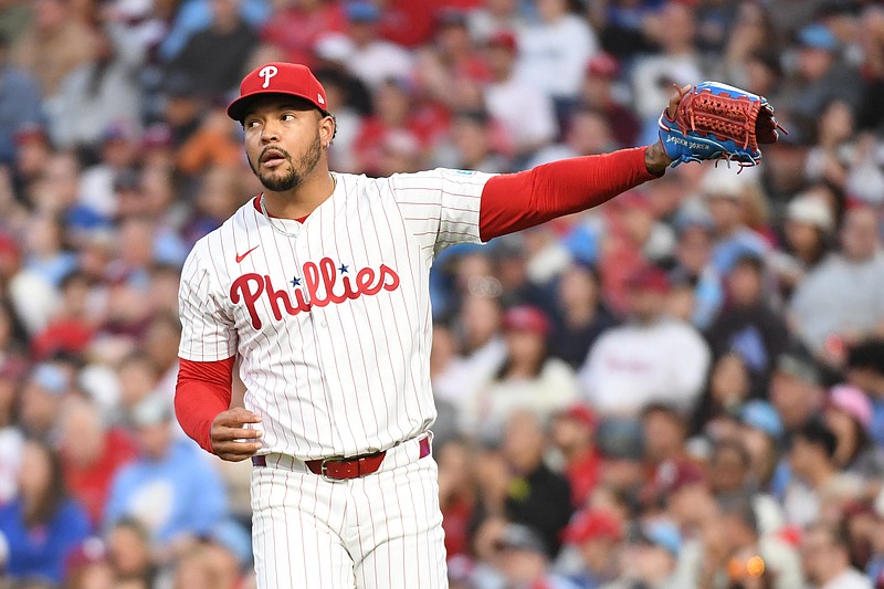 Apr 14, 2025; Philadelphia, Pennsylvania, USA; Philadelphia Phillies pitcher Taijuan Walker (99) reacts after allowing a home run during the second inning against the San Francisco Giants at Citizens Bank Park. Mandatory Credit: Eric Hartline-Imagn Images