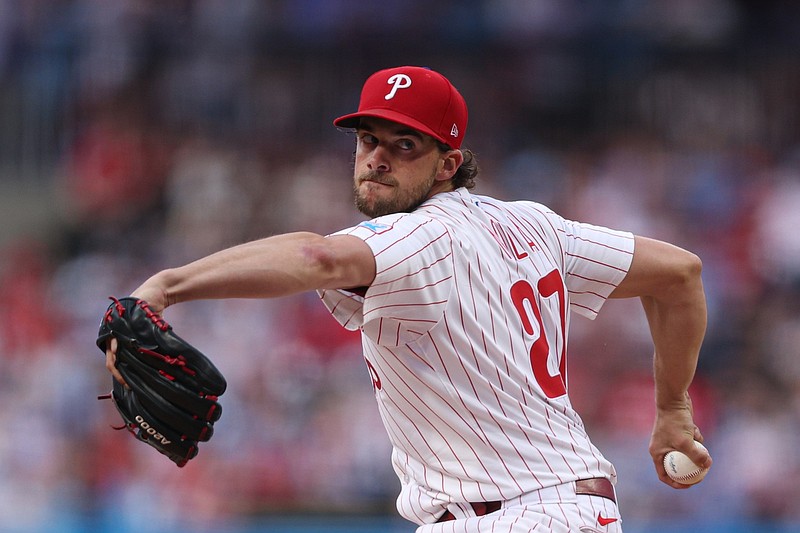 May 3, 2025; Philadelphia, Pennsylvania, USA; Philadelphia Phillies pitcher Aaron Nola (27) throws a pitch during the second inning against the Arizona Diamondbacks at Citizens Bank Park. Mandatory Credit: Bill Streicher-Imagn Images