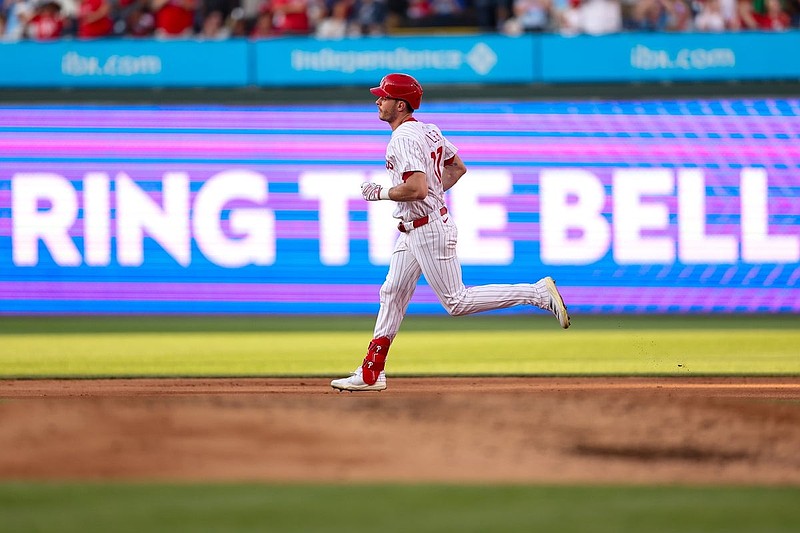 Jul 2, 2025; Philadelphia, Pennsylvania, USA; Philadelphia Phillies outfielder Max Kepler (17) runs the bases after hitting a two RBI home run during the fourth inning against the San Diego Padres during the fourth inning at Citizens Bank Park. Mandatory Credit: Bill Streicher-Imagn Images