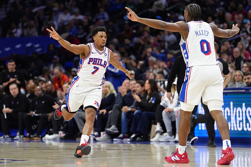 Feb 2, 2025; Philadelphia, Pennsylvania, USA; Philadelphia 76ers guard Kyle Lowry (7) reacts against the Boston Celtics in the second quarter at Wells Fargo Center. Mandatory Credit: Kyle Ross-Imagn Images