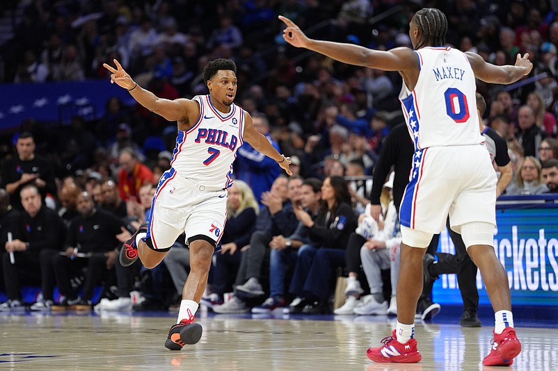 Feb 2, 2025; Philadelphia, Pennsylvania, USA; Philadelphia 76ers guard Kyle Lowry (7) reacts against the Boston Celtics in the second quarter at Wells Fargo Center. Mandatory Credit: Kyle Ross-Imagn Images