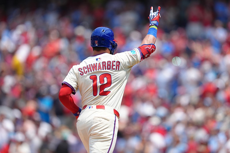 Jun 11, 2025; Philadelphia, Pennsylvania, USA; Philadelphia Phillies designated hitter Kyle Schwarber (12) rounds the bases after hitting a home run against the Chicago Cubs in the third inning at Citizens Bank Park. Mandatory Credit: Kyle Ross-Imagn Images