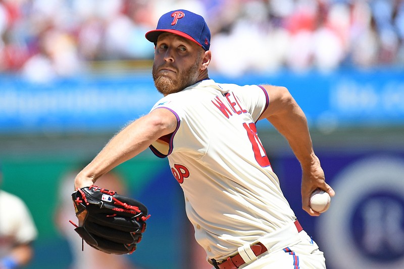 Jul 6, 2025; Philadelphia, Pennsylvania, USA; Philadelphia Phillies pitcher Zack Wheeler (45) throws a pitch during the second inning against the Cincinnati Reds at Citizens Bank Park. Mandatory Credit: Eric Hartline-Imagn Images