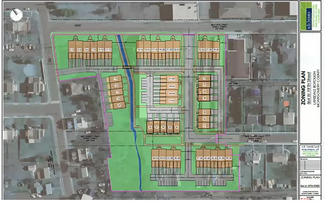 Site plan presented by developer W.B. Homes showing a total of 73 townhouses on a parcel at the corner of Fifth Street and Valley Forge Road in Lansdale, with new roads and driveways colored in grey, sidewalks in yellow, and a creek that runs through the site colored in blue, as shown to council on June 18, 2025. (Screenshot of meeting video)