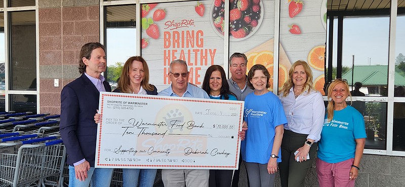 Cowhey Family ShopRite of Warminster presented a check for $10,000 to Warminster Food Bank today to help the organization purchase perishable items, meats, fruits, vegetables and other necessities for individuals and families in need in Bucks and Montgomery Counties. Pictured are members of the Cowhey Family ShopRite management team, as well as staff and volunteers from Warminster Food Bank. (Credit: Debbie Goetz)