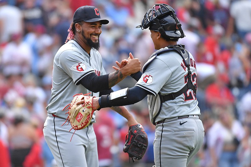 Jul 28, 2024; Philadelphia, Pennsylvania, USA; Cleveland Guardians pitcher Emmanuel Clase (48) and Cleveland Guardians catcher Bo Naylor (23) celebrate win against the Philadelphia Phillies at Citizens Bank Park. Mandatory Credit: Eric Hartline-USA TODAY Sports