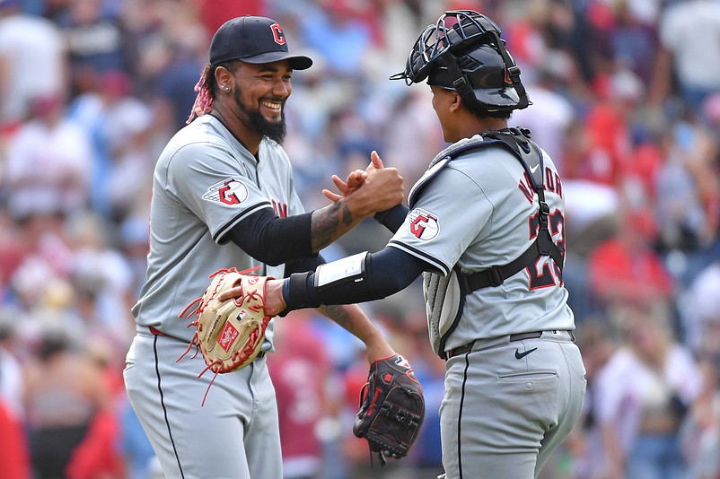 Jul 28, 2024; Philadelphia, Pennsylvania, USA; Cleveland Guardians pitcher Emmanuel Clase (48) and Cleveland Guardians catcher Bo Naylor (23) celebrate win against the Philadelphia Phillies at Citizens Bank Park. Mandatory Credit: Eric Hartline-USA TODAY Sports
