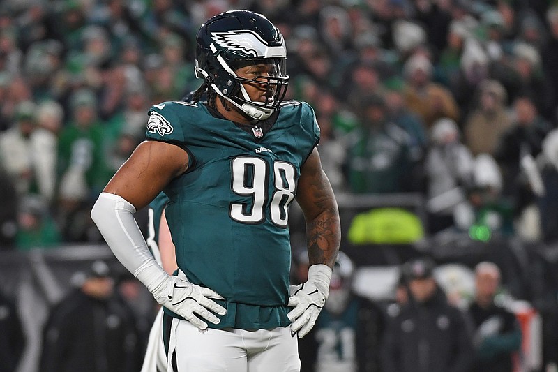 Jan 12, 2025; Philadelphia, Pennsylvania, USA; Philadelphia Eagles defensive tackle Jalen Carter (98) against the Green Bay Packers in an NFC wild card game at Lincoln Financial Field. Mandatory Credit: Eric Hartline-Imagn Images