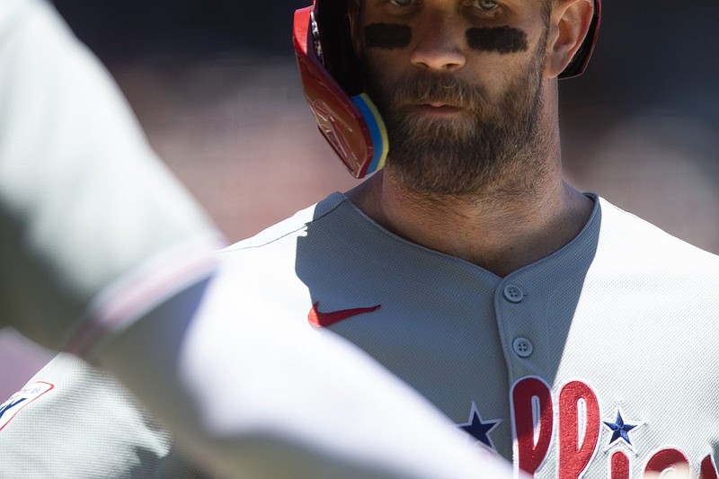 Jul 9, 2025; San Francisco, California, USA; Philadelphia Phillies first baseman Bryce Harper celebrates his solo home run against the San Francisco Giants during the fourth inning at Oracle Park. Mandatory Credit: D. Ross Cameron-Imagn Images
