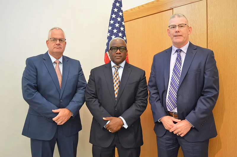 Three candidates vying for the Norristown police chief position gather for a photo at a community meeting on July 10, 2025 at Municipal Hall in Norristown. Pictured, from left, is Lansdale Police Chief Mike Trail, Mark Benjamin, a retired captain with the Atlantic City Police Department and New Britain Township Police Chief Richard Clowser.