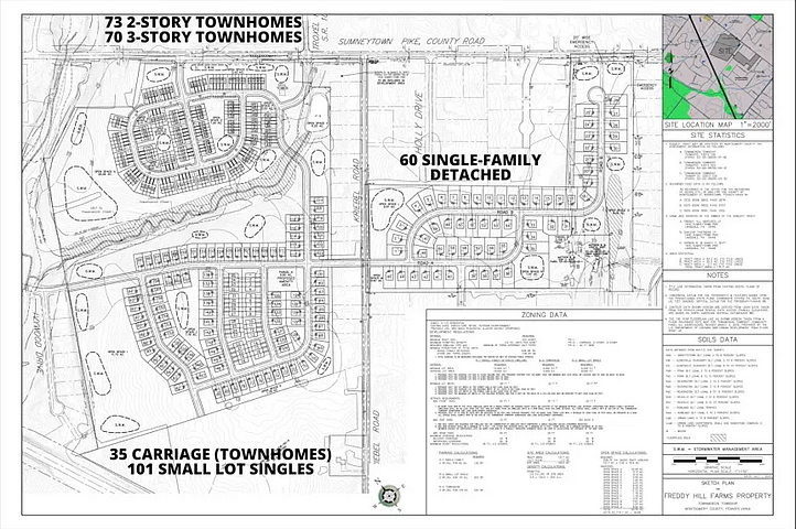 A new plan proposed for the Freddy Hill Farms site on Sumneytown Pike, at top, was shown to Towamencin’s board of supervisors on Wednesday, July 9, 2025. At top left is a new four-way intersection proposed at the intersection of Sumneytown and Troxel Road, leading to a new road running north-south parallel to Kriebel Road, at center. (Screenshot of meeting video)