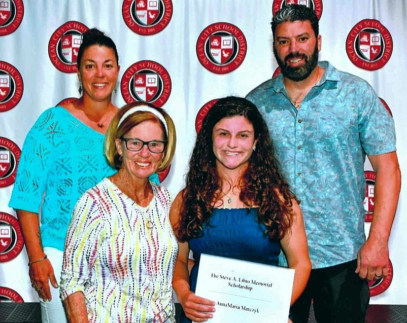 Anna Maria Marczyk receives the Steve A. Libro Memorial Scholarship from (left to right) Stephanie, Helen and John Libro at the Ocean City High School Scholarship Gala. (Photo courtesy Sea Isle City)