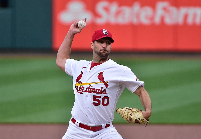 Apr 26, 2021; St. Louis, Missouri, USA;  St. Louis Cardinals starting pitcher Adam Wainwright (50) pitches during the first inning against the Philadelphia Phillies at Busch Stadium. Mandatory Credit: Jeff Curry-USA TODAY Sports