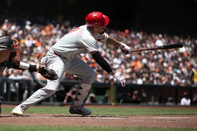 Jul 9, 2025; San Francisco, California, USA; Philadelphia Phillies right fielder Nick Castellanos (8) follows through on his RBI single against the San Francisco Giants during the sixth inning at Oracle Park. Mandatory Credit: D. Ross Cameron-Imagn Images