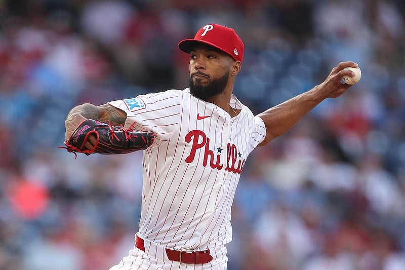 Apr 30, 2025; Philadelphia, Pennsylvania, USA; Philadelphia Phillies pitcher Cristopher Sanchez (61) pitches against the Washington Nationals during the first inning at Citizens Bank Park. Mandatory Credit: Bill Streicher-Imagn Images
