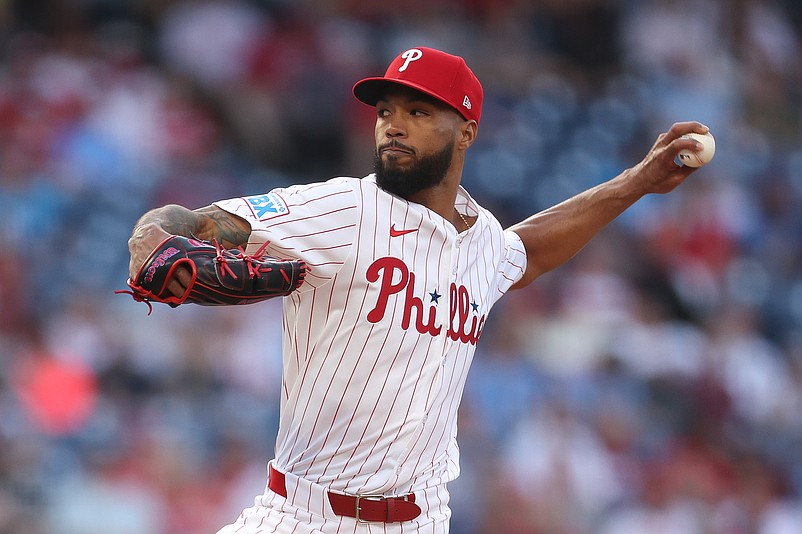Apr 30, 2025; Philadelphia, Pennsylvania, USA; Philadelphia Phillies pitcher Cristopher Sanchez (61) pitches against the Washington Nationals during the first inning at Citizens Bank Park. Mandatory Credit: Bill Streicher-Imagn Images