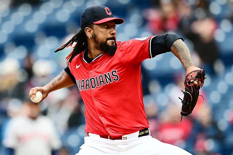 Apr 26, 2025; Cleveland, Ohio, USA; Cleveland Guardians relief pitcher Emmanuel Clase (48) throws a pitch during the eighth inning against the Boston Red Sox at Progressive Field. Mandatory Credit: Ken Blaze-Imagn Images