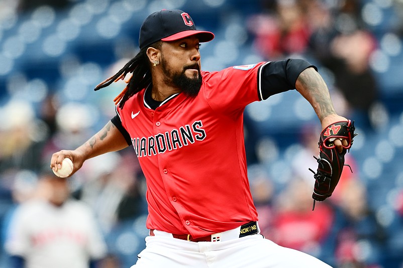 Apr 26, 2025; Cleveland, Ohio, USA; Cleveland Guardians relief pitcher Emmanuel Clase (48) throws a pitch during the eighth inning against the Boston Red Sox at Progressive Field. Mandatory Credit: Ken Blaze-Imagn Images