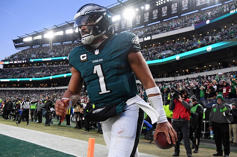 Jan 26, 2025; Philadelphia, PA, USA; Philadelphia Eagles quarterback Jalen Hurts (1) reacts after a touchdown against the Washington Commanders during the second half in the NFC Championship game at Lincoln Financial Field. Mandatory Credit: Eric Hartline-Imagn Images