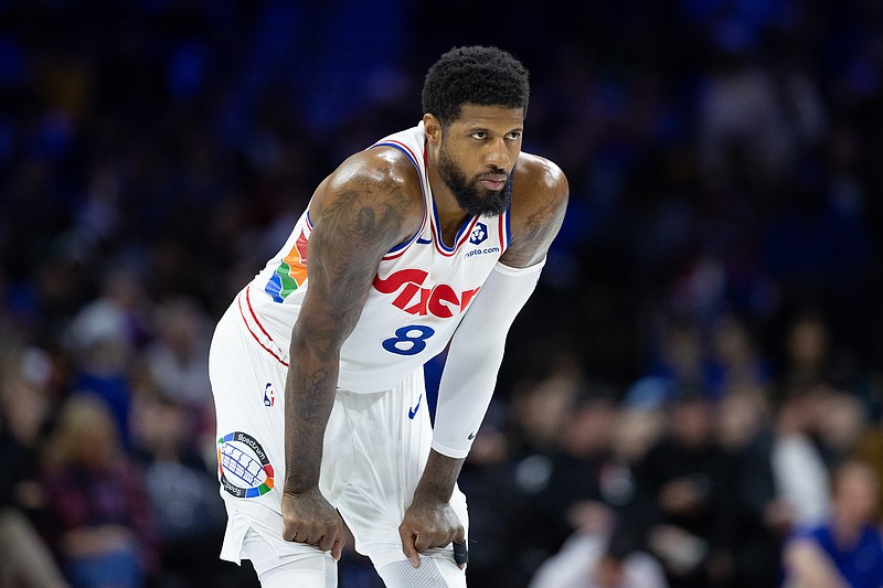 Mar 1, 2025; Philadelphia, Pennsylvania, USA; Philadelphia 76ers forward Paul George (8) looks on against the Golden State Warriors during the second quarter at Wells Fargo Center. Mandatory Credit: Bill Streicher-Imagn Images