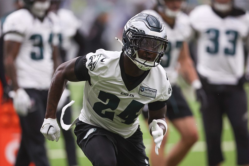 May 28, 2025; Philadelphia, PA, USA; Philadelphia Eagles safety Andrew Mukuba (24) practices during OTAs at NovaCare Complex. Mandatory Credit: Bill Streicher-Imagn Images