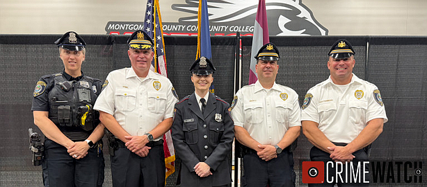 Left to right: Field Training Officer Kimberly Errigo, Chief Daniel J. Friel, Officer Devin Yeager, Lieutenant Robert Meditz, and Lieutenant Glen Gottenberg (Credit: Warrington Police)